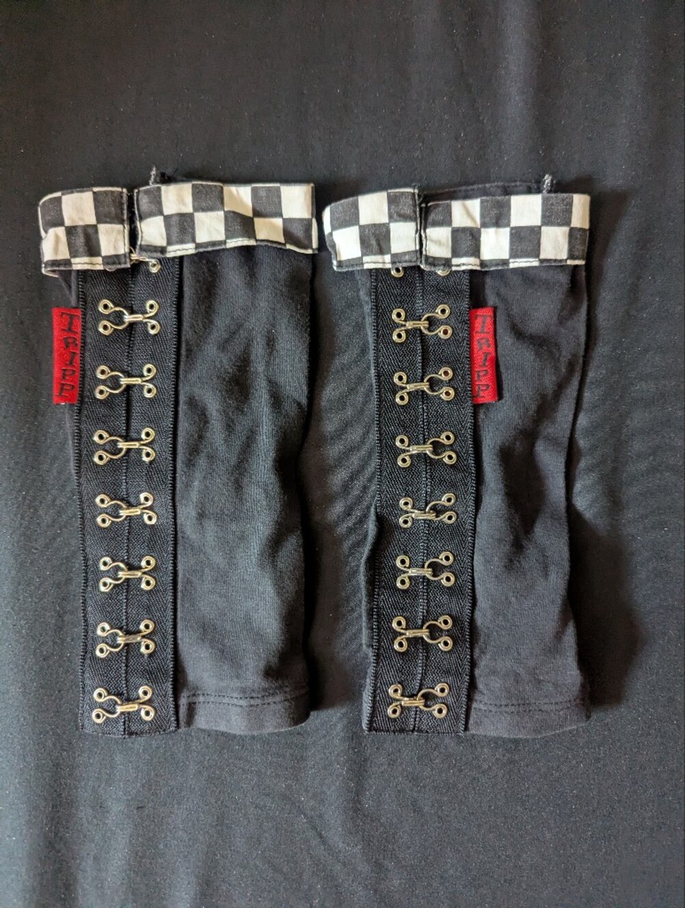 TRIPP NYC Long-Deadstock Armwarmer Gloves With Checker Trim and Hook Detail